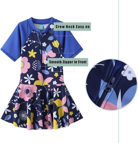 Girls One Piece Swimsuits Bathing Suit for Kids Girls Summer Swim Dress Short Sleeve Swimwear 3-16 Years in Saudi Arabia