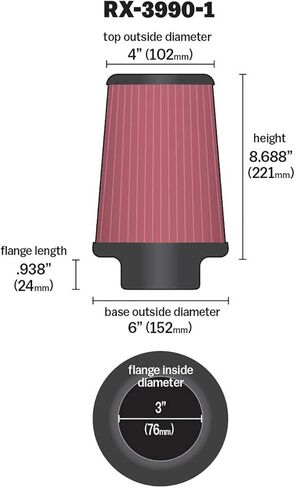 K&N Universal Clamp-On Air Filter: High Performance, Premium, Washable, Replacement Filter: Flange Diameter: 3 In, Filter Height: 8.688 In, Flange Length: 0.938 In, Shape: Round Tapered, RX-3990-1 in Kuwait