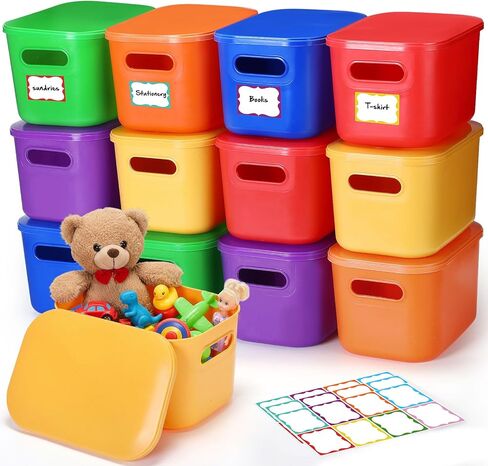 12 عبوة من صناديق تخزين بلاستيكية من ثايل مع أغطية ومقابض، صناديق تخزين مكتبية ملونة قابلة للتكديس مع علامة تحديد للمكتب والفصل الدراسي وخزانة الرف ودرج المطبخ، مقاس 10 × 7 × 6 بوصة (متعددة الألوان) in Kuwait