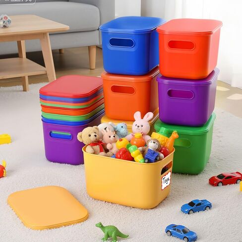 12 عبوة من صناديق تخزين بلاستيكية من ثايل مع أغطية ومقابض، صناديق تخزين مكتبية ملونة قابلة للتكديس مع علامة تحديد للمكتب والفصل الدراسي وخزانة الرف ودرج المطبخ، مقاس 10 × 7 × 6 بوصة (متعددة الألوان) in Kuwait