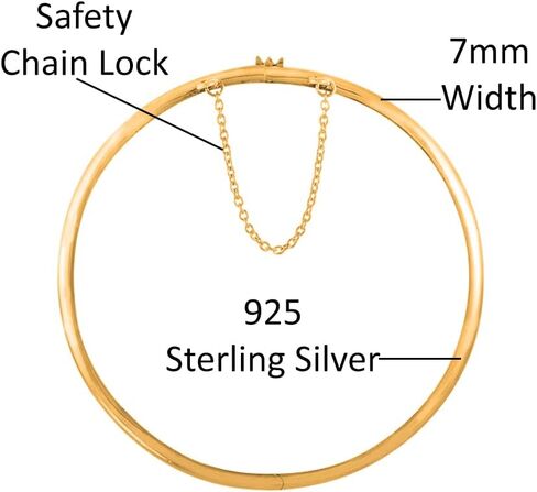 Savlano 14K Gold Plated Over 925 Sterling Silver Solid Plain Dome Bangle Bracelet 7 inch with Safety Chain for Women Comes With Gift Box- Made in Italy in Saudi Arabia