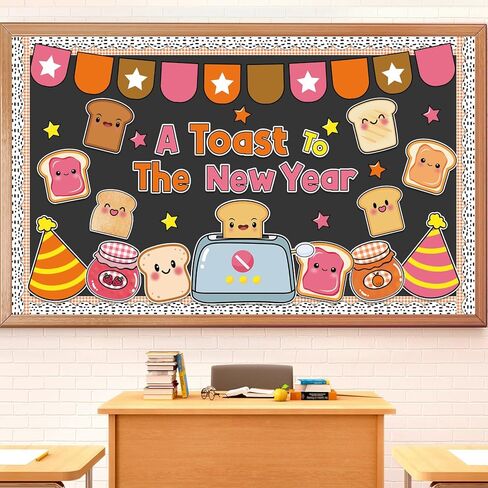 مجموعة لوحة نشرة نخب السنة الجديدة ديكورات الفصول الدراسية لشهر يناير قطع ورقية لموضوع الخبز المحمص والهدف لقضاء عطلة المدرسة ديكور جدران السبورة in Kuwait