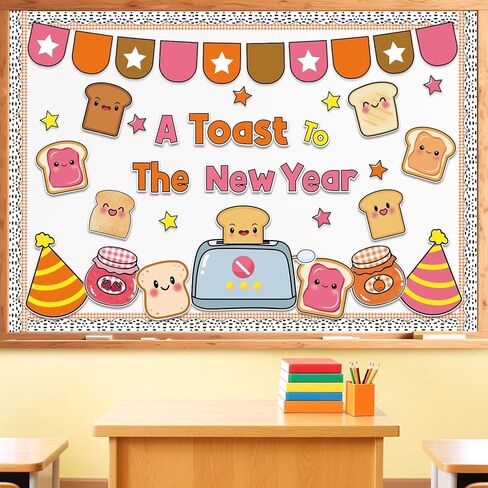 مجموعة لوحة نشرة نخب السنة الجديدة ديكورات الفصول الدراسية لشهر يناير قطع ورقية لموضوع الخبز المحمص والهدف لقضاء عطلة المدرسة ديكور جدران السبورة in Kuwait