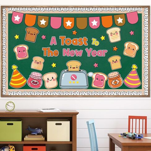 مجموعة لوحة نشرة نخب السنة الجديدة ديكورات الفصول الدراسية لشهر يناير قطع ورقية لموضوع الخبز المحمص والهدف لقضاء عطلة المدرسة ديكور جدران السبورة in Kuwait
