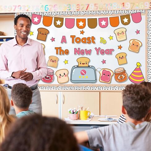 مجموعة لوحة نشرة نخب السنة الجديدة ديكورات الفصول الدراسية لشهر يناير قطع ورقية لموضوع الخبز المحمص والهدف لقضاء عطلة المدرسة ديكور جدران السبورة in Kuwait