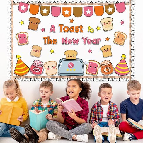 مجموعة لوحة نشرة نخب السنة الجديدة ديكورات الفصول الدراسية لشهر يناير قطع ورقية لموضوع الخبز المحمص والهدف لقضاء عطلة المدرسة ديكور جدران السبورة in Kuwait