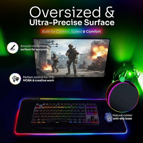 لوحة ماوس RGB مقاس 35.4 × 15.7 بوصة - لوحة ماوس LED ممتدة مع 14 وضع إضاءة، وسجادة مكتب للألعاب، وملحقات ألعاب الكمبيوتر، ولوحة مفاتيح كبيرة مع قاعدة مطاطية مضادة للانزلاق. in Saudi Arabia