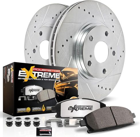 طقم فرامل خلفية PowerStop لسيارة Toyota Sequoia 2023-24، Tacoma 2024، Tundra 2022-24 - وسادات فرامل سيراميك من ألياف الكربون للشاحنة والسحب واستبدال الدوارات المحفورة والمشقوقة، K8938-36 in Saudi Arabia