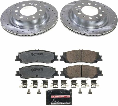 طقم فرامل خلفية PowerStop لسيارة Toyota Sequoia 2023-24، Tacoma 2024، Tundra 2022-24 - وسادات فرامل سيراميك من ألياف الكربون للشاحنة والسحب واستبدال الدوارات المحفورة والمشقوقة، K8938-36 in Saudi Arabia