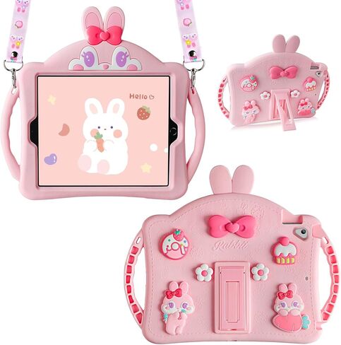 حافظة WESADN لجهاز iPad 5 الجيل السادس، iPad Pro 9.7 للأطفال والبنات مع واقي شاشة وحزام كتف ومسند لطيف على شكل أرنب من السيليكون غطاء لوحي واقٍ لكامل الجسم لجهاز iPad Air 2/1 وردي in Kuwait