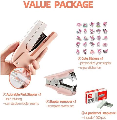 Swing-Arm Pink Stapler, Swivel Cute Pink Staplers with Kawaii Stickers, Staple Remover & 1000 Staples – Perfect for Girls in Saudi Arabia