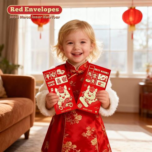 48 Pcs Chinese Red Envelopes 2026 Year of the Horse - Hong Bao with 6 Gold Embossed Cartoon Horse Designs | Lucky Money Envelopes for Chinese New Year, Spring Festival, Wedding, Birthday (6.6x3.5 in) in Saudi Arabia