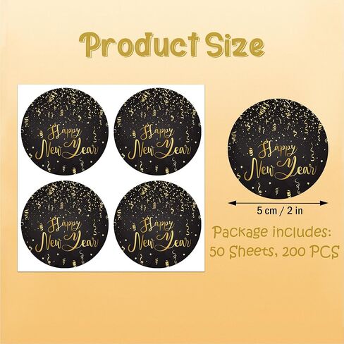 2 Inch Round Happy New Year Stickers for Envelopes, Black Gold Happy New Year Stickers for Kid Envelope Seals Gifts Candy Bag Greeting Card Holiday Party Favors Decoration, 200 PCS in Saudi Arabia