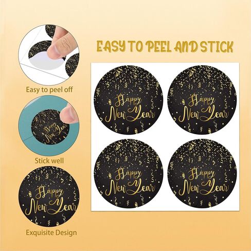 2 Inch Round Happy New Year Stickers for Envelopes, Black Gold Happy New Year Stickers for Kid Envelope Seals Gifts Candy Bag Greeting Card Holiday Party Favors Decoration, 200 PCS in Saudi Arabia