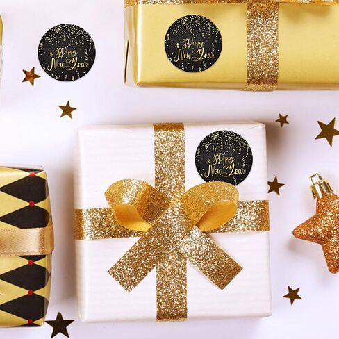 2 Inch Round Happy New Year Stickers for Envelopes, Black Gold Happy New Year Stickers for Kid Envelope Seals Gifts Candy Bag Greeting Card Holiday Party Favors Decoration, 200 PCS in Saudi Arabia