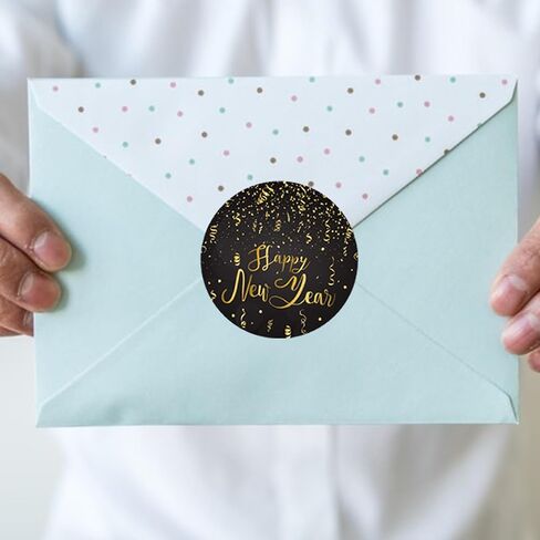 2 Inch Round Happy New Year Stickers for Envelopes, Black Gold Happy New Year Stickers for Kid Envelope Seals Gifts Candy Bag Greeting Card Holiday Party Favors Decoration, 200 PCS in Saudi Arabia