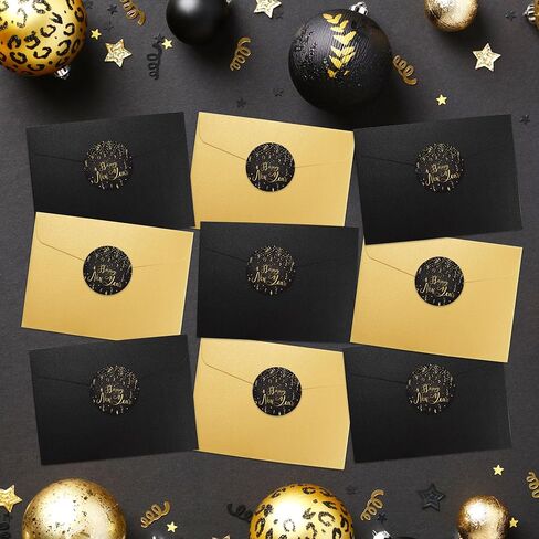 2 Inch Round Happy New Year Stickers for Envelopes, Black Gold Happy New Year Stickers for Kid Envelope Seals Gifts Candy Bag Greeting Card Holiday Party Favors Decoration, 200 PCS in Saudi Arabia