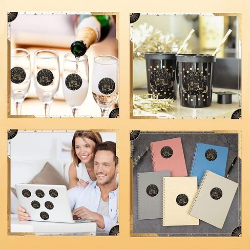 2 Inch Round Happy New Year Stickers for Envelopes, Black Gold Happy New Year Stickers for Kid Envelope Seals Gifts Candy Bag Greeting Card Holiday Party Favors Decoration, 200 PCS in Saudi Arabia