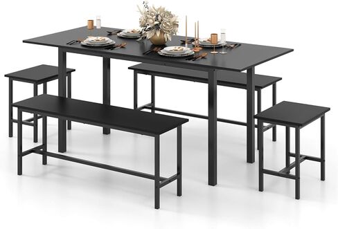 Giantex Dining Table Set for 4-6, 5-Piece Kitchen Table Chairs Set, 63" Extendable Table with 2 Benches, 2 Stools, Dinette Table Set, Breakfast Nook Table Set, Dining Room Table Set (Walnut) in Saudi Arabia