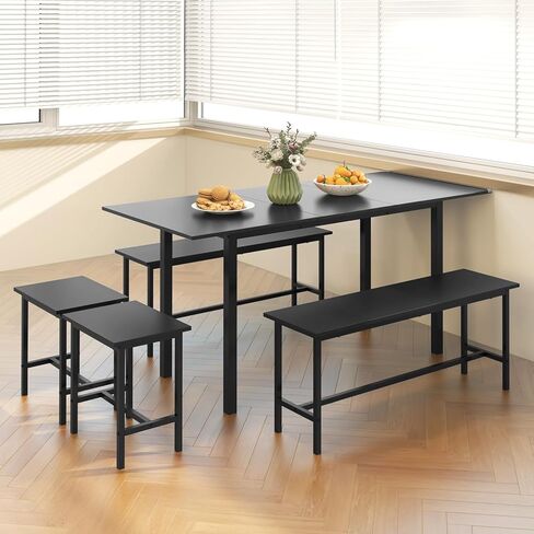 Giantex Dining Table Set for 4-6, 5-Piece Kitchen Table Chairs Set, 63" Extendable Table with 2 Benches, 2 Stools, Dinette Table Set, Breakfast Nook Table Set, Dining Room Table Set (Walnut) in Saudi Arabia