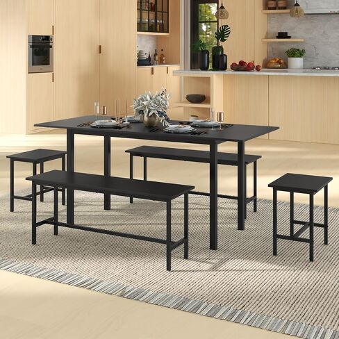 Giantex Dining Table Set for 4-6, 5-Piece Kitchen Table Chairs Set, 63" Extendable Table with 2 Benches, 2 Stools, Dinette Table Set, Breakfast Nook Table Set, Dining Room Table Set (Walnut) in Saudi Arabia