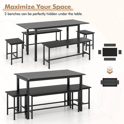 Giantex Dining Table Set for 4-6, 5-Piece Kitchen Table Chairs Set, 63" Extendable Table with 2 Benches, 2 Stools, Dinette Table Set, Breakfast Nook Table Set, Dining Room Table Set (Walnut) in Saudi Arabia