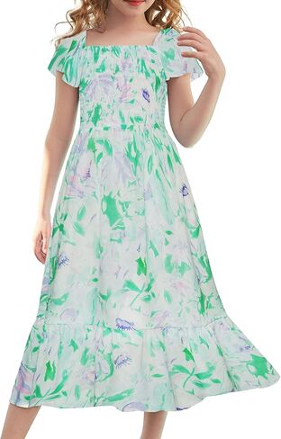 GRACE KARIN Floral Dress for Girls 2024 Spring Easter Dress Flutter Sleeve Smocked Summer Maxi Dress 8-10 Years,Flowers on Light Pink in Kuwait