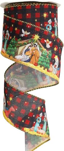 Christmas Wired Edge Ribbon Xmas Jesus Nativity Scene Ribbon Red Black Buffalo Plaid Ribbons for Holiday Party Wreath DIY Crafts Gift Wrapping, 12 Yard in Saudi Arabia