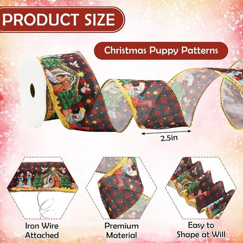 Christmas Wired Edge Ribbon Xmas Jesus Nativity Scene Ribbon Red Black Buffalo Plaid Ribbons for Holiday Party Wreath DIY Crafts Gift Wrapping, 12 Yard in Saudi Arabia