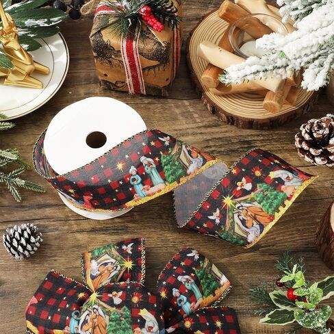 Christmas Wired Edge Ribbon Xmas Jesus Nativity Scene Ribbon Red Black Buffalo Plaid Ribbons for Holiday Party Wreath DIY Crafts Gift Wrapping, 12 Yard in Saudi Arabia