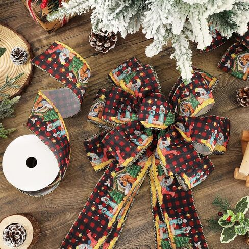 Christmas Wired Edge Ribbon Xmas Jesus Nativity Scene Ribbon Red Black Buffalo Plaid Ribbons for Holiday Party Wreath DIY Crafts Gift Wrapping, 12 Yard in Saudi Arabia
