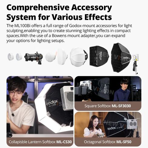 Godox ML100Bi 120W LED Video Light، 2800K-6500K مجموعة إضاءة فيديو ثنائية اللون، 34300 Lux CRI 97+/TLCI 98+، التحكم في التطبيق، شحن USB-C، 11 تأثيرات FX، للتصوير/البث المباشر/التصوير الخارجي in Saudi Arabia