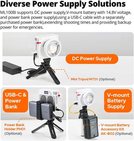 Godox ML100Bi 120W LED Video Light، 2800K-6500K مجموعة إضاءة فيديو ثنائية اللون، 34300 Lux CRI 97+/TLCI 98+، التحكم في التطبيق، شحن USB-C، 11 تأثيرات FX، للتصوير/البث المباشر/التصوير الخارجي in Saudi Arabia