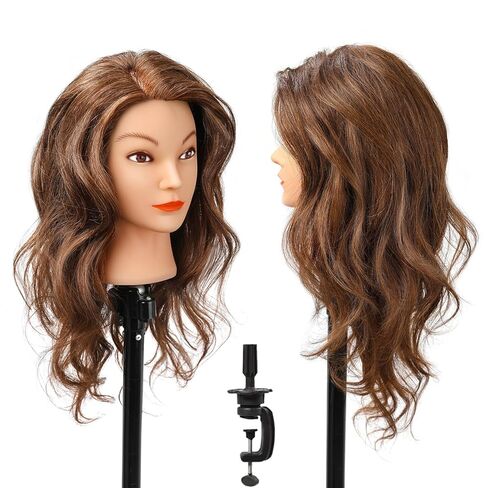 رأس تمثال عرض شعر بشري حقيقي 100% من سيلكي مع 9 أدوات ومشبك، رأس مانيكان لتدريب مصففي الشعر ورأس دمية علم التجميل لتصفيف الشعر والجدائل - بني داكن in Kuwait