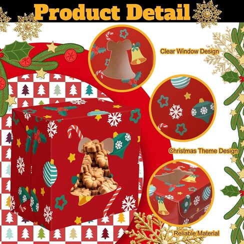 Humyoun 24 Pcs Christmas Cookie Boxes with Windows 3.94 x 3.94 x 2.56 Inches Bakery Boxes Small Christmas Treat Box for Gift Giving Holiday Party Favor Pastries, Cupcakes, Cookies, Donuts in Saudi Arabia