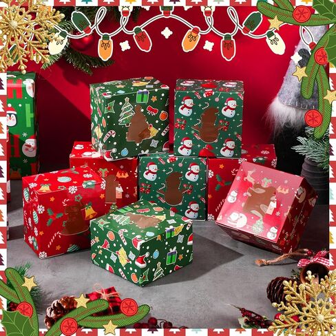Humyoun 24 Pcs Christmas Cookie Boxes with Windows 3.94 x 3.94 x 2.56 Inches Bakery Boxes Small Christmas Treat Box for Gift Giving Holiday Party Favor Pastries, Cupcakes, Cookies, Donuts in Saudi Arabia