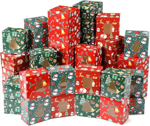 Humyoun 24 Pcs Christmas Cookie Boxes with Windows 3.94 x 3.94 x 2.56 Inches Bakery Boxes Small Christmas Treat Box for Gift Giving Holiday Party Favor Pastries, Cupcakes, Cookies, Donuts in Saudi Arabia