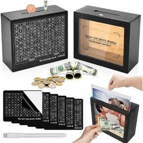 Wooden Money Saving Box Cash Vault with Numbers Challenge Target and Phoframe with Dual Function 10,000 7,000 5,000 3,000 1,000 500 Suitable for Adults and Children (Black) in Saudi Arabia