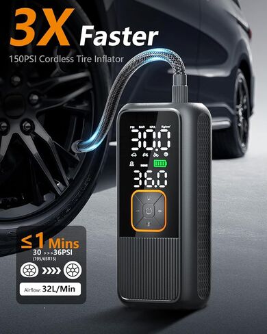 Tire Inflator Portable Air Compressor, 150 PSI Cordless Air Pump with Digital Pressure Gauge and LED Light, Smart Auto-Off Tire Pump for Car, Motorcycle, Bike, Ball in Saudi Arabia