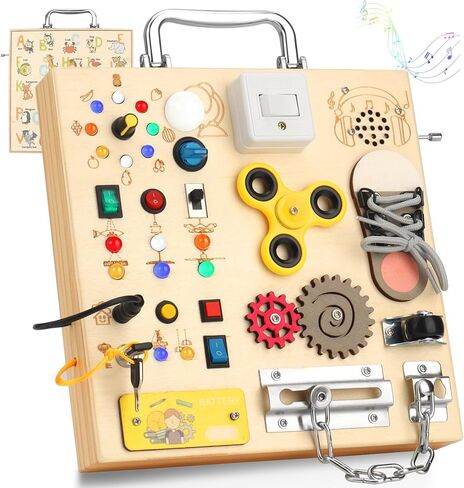 Wooden Montessori Busy Board with 17 LED Lights for Toddlers | Sensory Activity Board with Music Boxes & Locks, Travel Educational Toy, Birthday Gift for Boys & Girls in Saudi Arabia