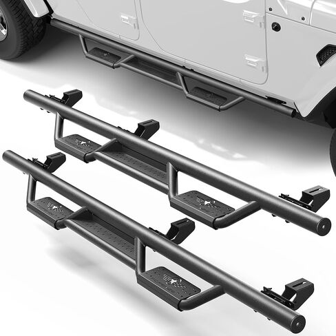 Running Boards Fits for Jeep Wrangler JL Unlimited 4-Door 2019-2025, Heavy-Duty Carbon Steel Side Steps 2PCS, Non-Slip Dual Raised Pads, E-Coating & Powder-Coated Finish, Easy No-Drill Install in Saudi Arabia