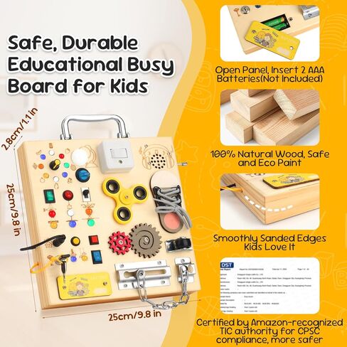 Wooden Montessori Busy Board with 17 LED Lights for Toddlers | Sensory Activity Board with Music Boxes & Locks, Travel Educational Toy, Birthday Gift for Boys & Girls in Saudi Arabia