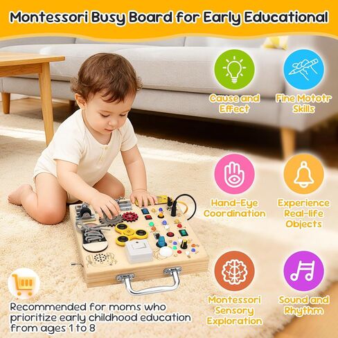 Wooden Montessori Busy Board with 17 LED Lights for Toddlers | Sensory Activity Board with Music Boxes & Locks, Travel Educational Toy, Birthday Gift for Boys & Girls in Saudi Arabia