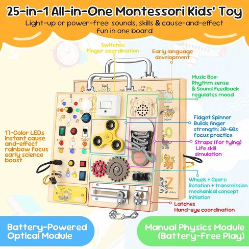Wooden Montessori Busy Board with 17 LED Lights for Toddlers | Sensory Activity Board with Music Boxes & Locks, Travel Educational Toy, Birthday Gift for Boys & Girls in Saudi Arabia