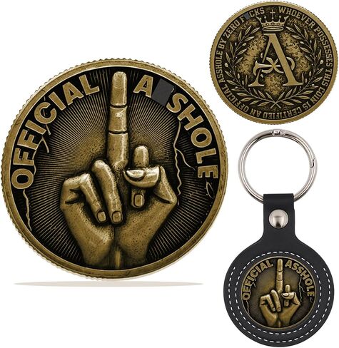 Official Asshole Middle Finger Coin - Zero Fs Given Sarcastic Challenge Token with Leather Keychain, Novelty Rude Desk Decor, Funny White Elephant Retirement Gifts for Him Dad Boss (Antique Gold) in Saudi Arabia