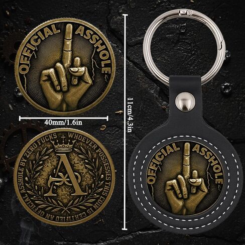 Official Asshole Middle Finger Coin - Zero Fs Given Sarcastic Challenge Token with Leather Keychain, Novelty Rude Desk Decor, Funny White Elephant Retirement Gifts for Him Dad Boss (Antique Gold) in Saudi Arabia
