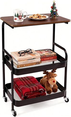 3 Tier Rolling Cart, Utility Cart with Wheels & Wood Table Top, Heavy Duty Metal Rolling Storage Organizer Cart for Kitchen, Office, Bathroom, Living Room, Laundry, Bedroom, Dorm, (Black) in Saudi Arabia