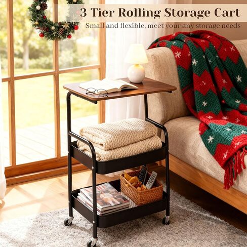 3 Tier Rolling Cart, Utility Cart with Wheels & Wood Table Top, Heavy Duty Metal Rolling Storage Organizer Cart for Kitchen, Office, Bathroom, Living Room, Laundry, Bedroom, Dorm, (Black) in Saudi Arabia