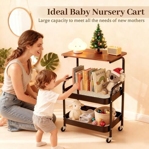 3 Tier Rolling Cart, Utility Cart with Wheels & Wood Table Top, Heavy Duty Metal Rolling Storage Organizer Cart for Kitchen, Office, Bathroom, Living Room, Laundry, Bedroom, Dorm, (Black) in Saudi Arabia