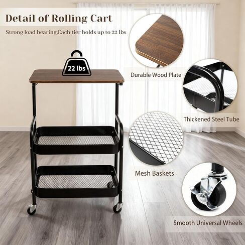 3 Tier Rolling Cart, Utility Cart with Wheels & Wood Table Top, Heavy Duty Metal Rolling Storage Organizer Cart for Kitchen, Office, Bathroom, Living Room, Laundry, Bedroom, Dorm, (Black) in Saudi Arabia